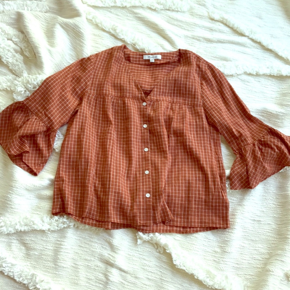 *SOLD* Madewell ruffle sleeve checked button shirt